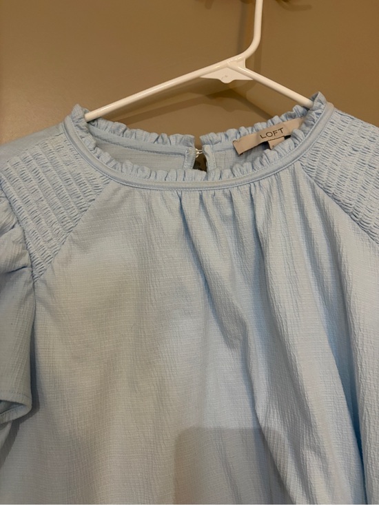 LOFT Tops - LOFT Light Blue Smocked Shoulder Ruffle Neck Blouse